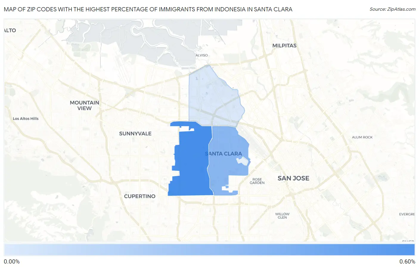 Zip Codes with the Highest Percentage of Immigrants from Indonesia in Santa Clara Map