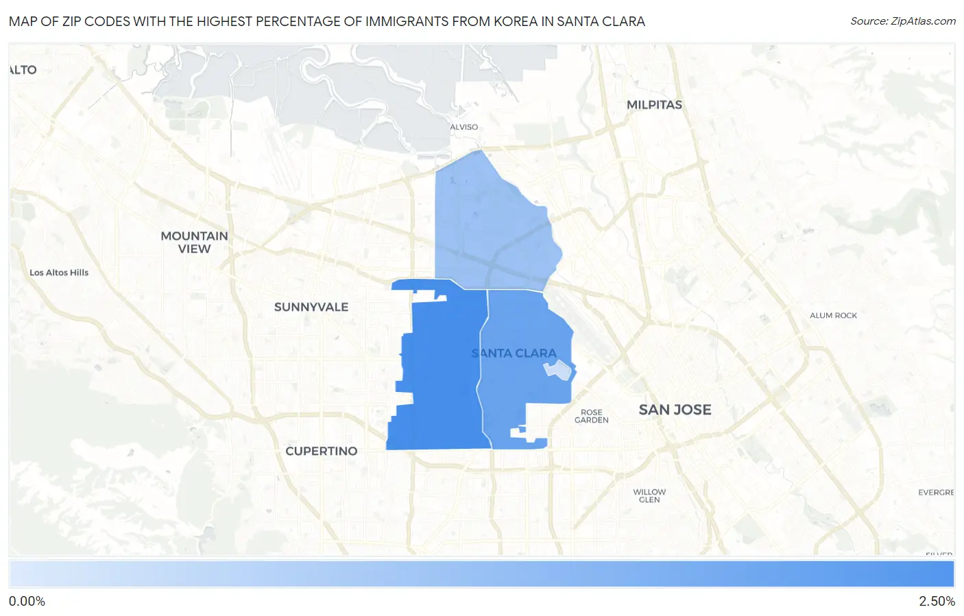 Zip Codes with the Highest Percentage of Immigrants from Korea in Santa Clara Map