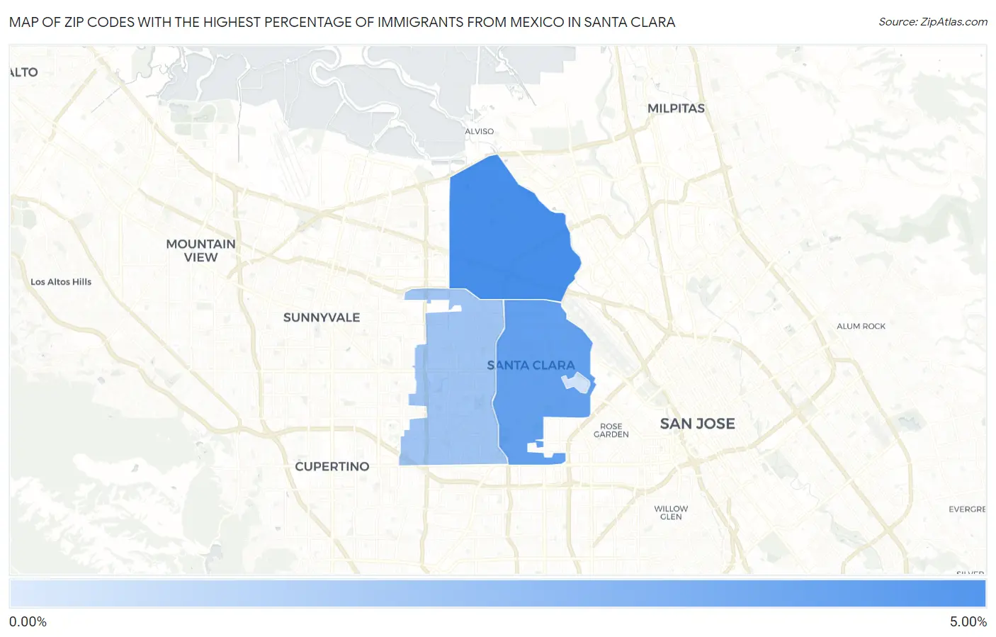 Zip Codes with the Highest Percentage of Immigrants from Mexico in Santa Clara Map