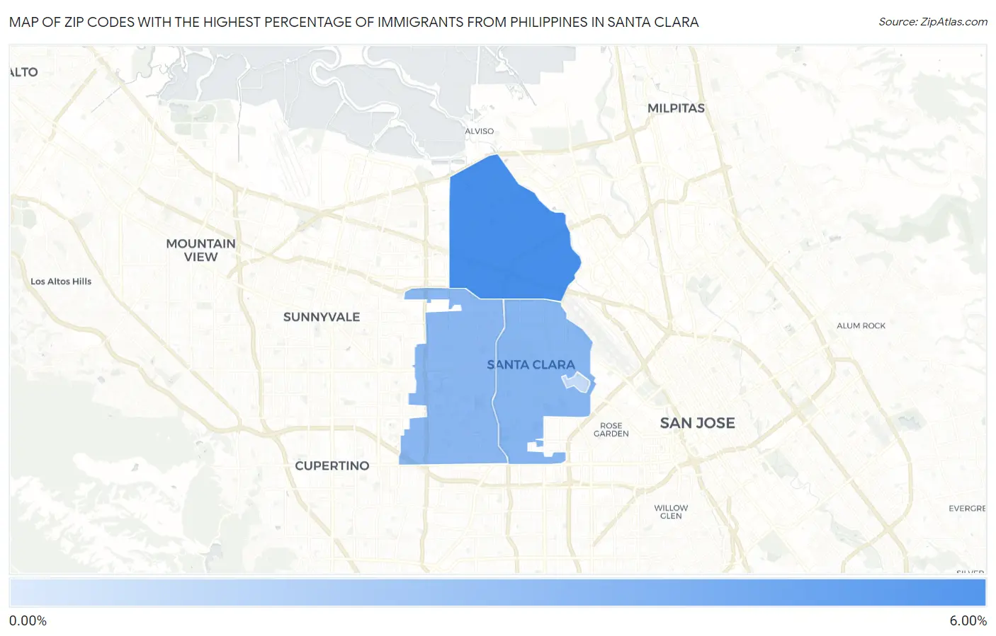 Zip Codes with the Highest Percentage of Immigrants from Philippines in Santa Clara Map