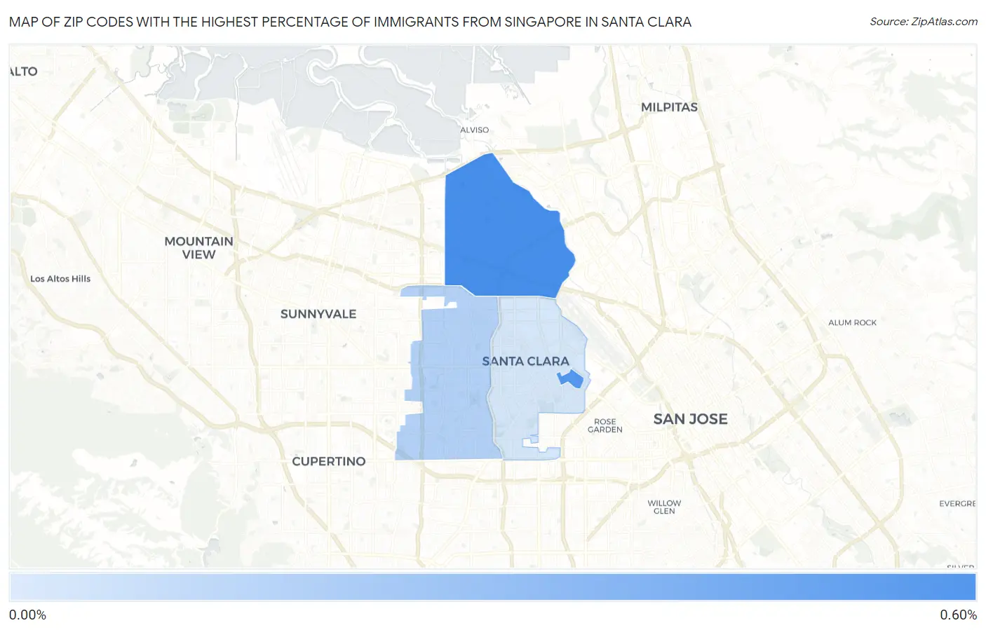 Zip Codes with the Highest Percentage of Immigrants from Singapore in Santa Clara Map
