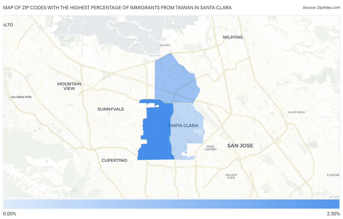 Zip Codes with the Highest Percentage of Immigrants from Taiwan in Santa Clara Map