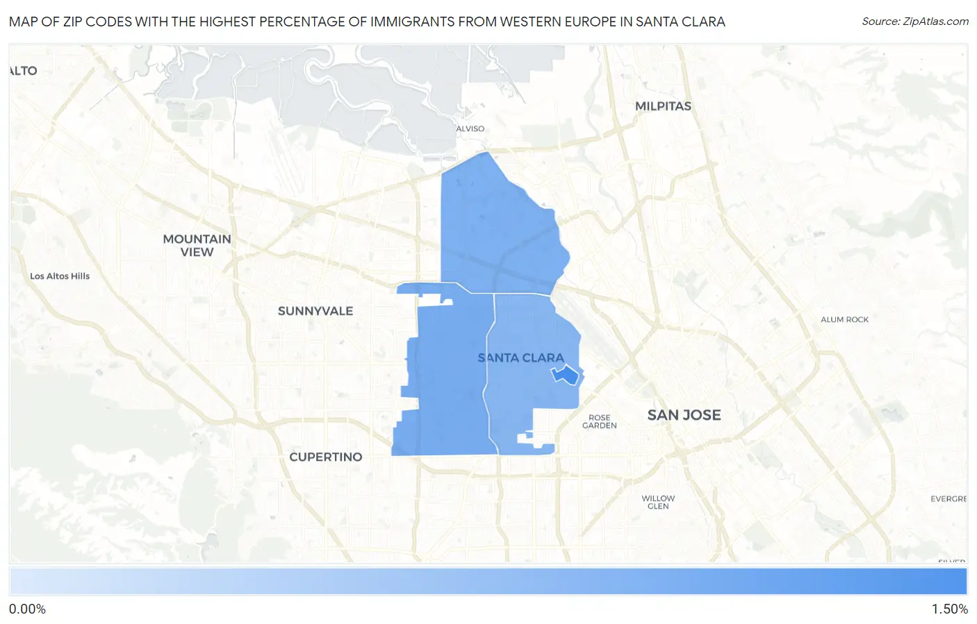 Zip Codes with the Highest Percentage of Immigrants from Western Europe in Santa Clara Map