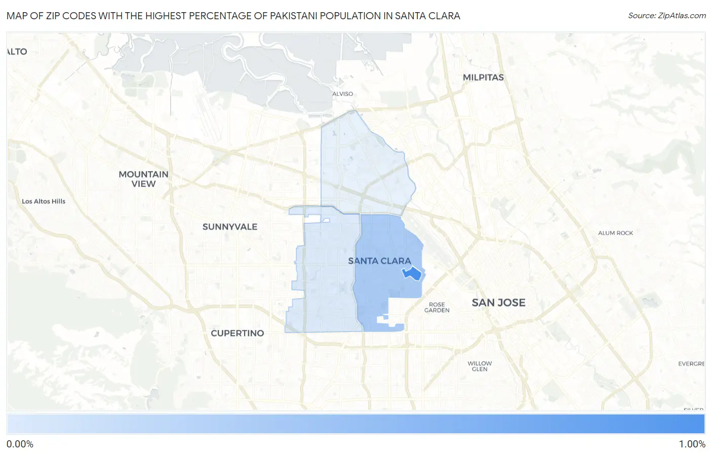 Zip Codes with the Highest Percentage of Pakistani Population in Santa Clara Map