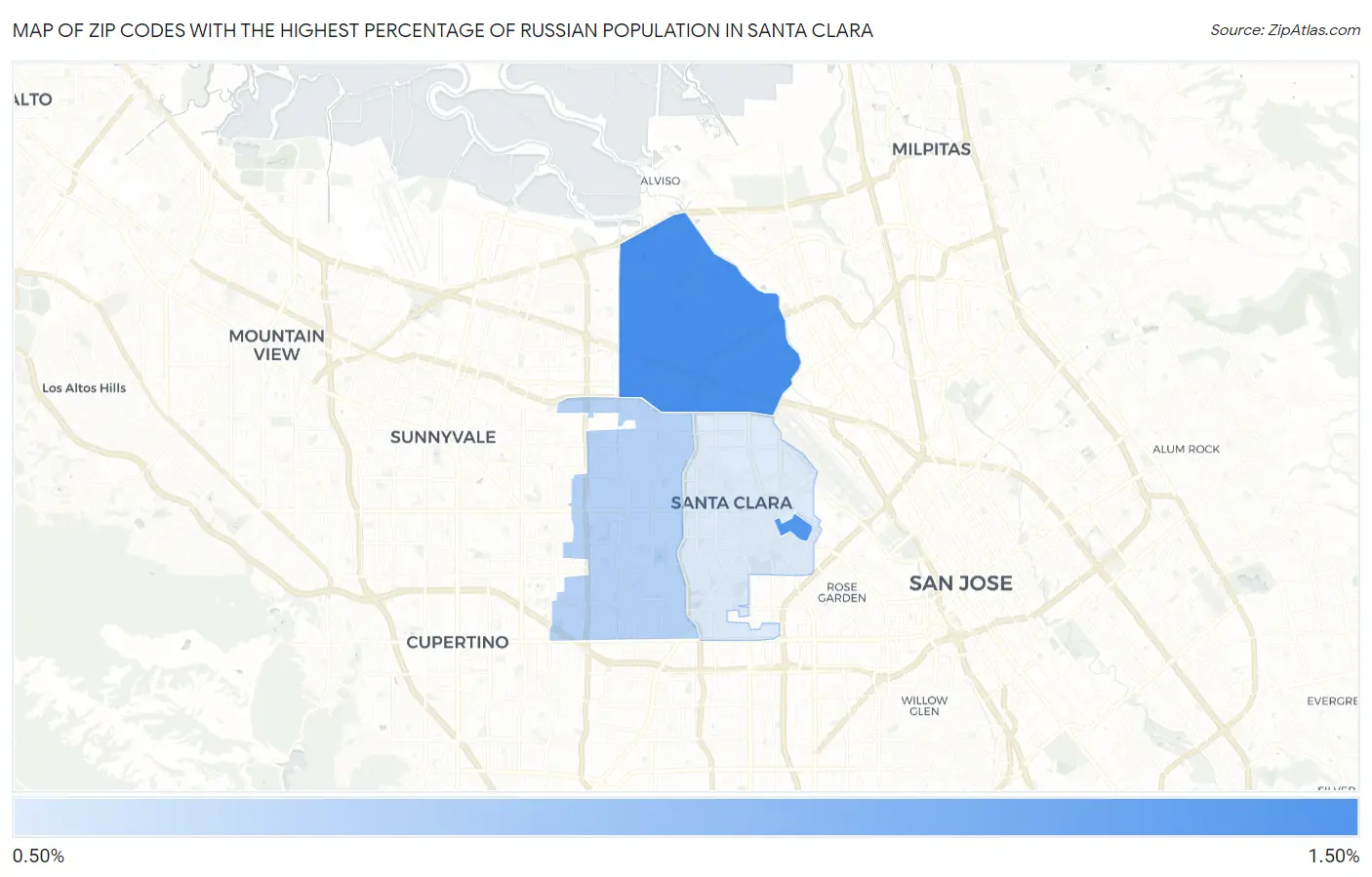 Zip Codes with the Highest Percentage of Russian Population in Santa Clara Map