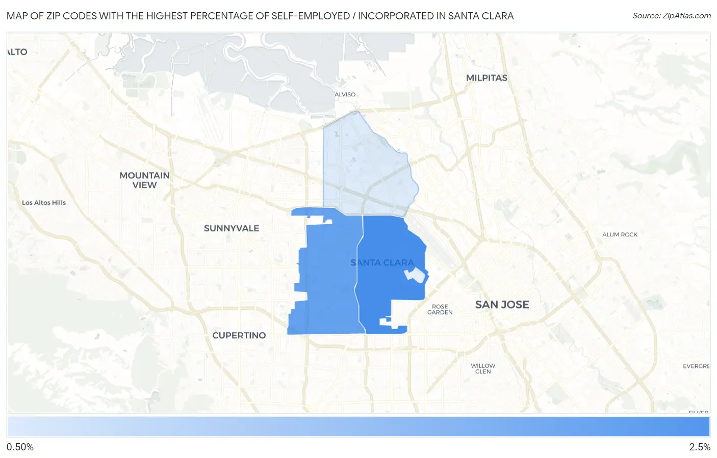 Zip Codes with the Highest Percentage of Self-Employed / Incorporated in Santa Clara Map