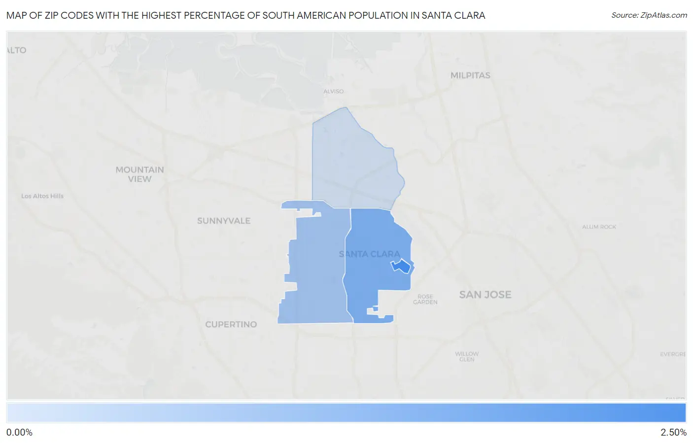 Zip Codes with the Highest Percentage of South American Population in Santa Clara Map