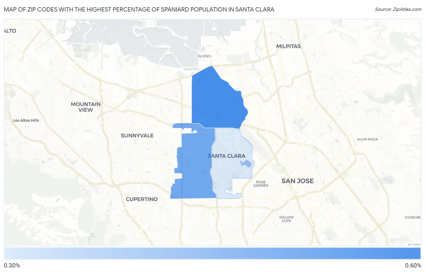 Zip Codes with the Highest Percentage of Spaniard Population in Santa Clara Map