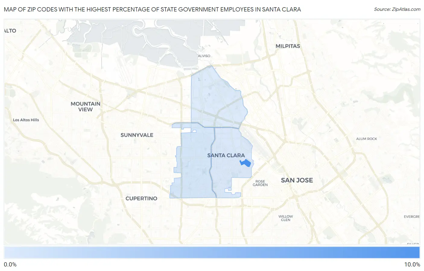 Zip Codes with the Highest Percentage of State Government Employees in Santa Clara Map