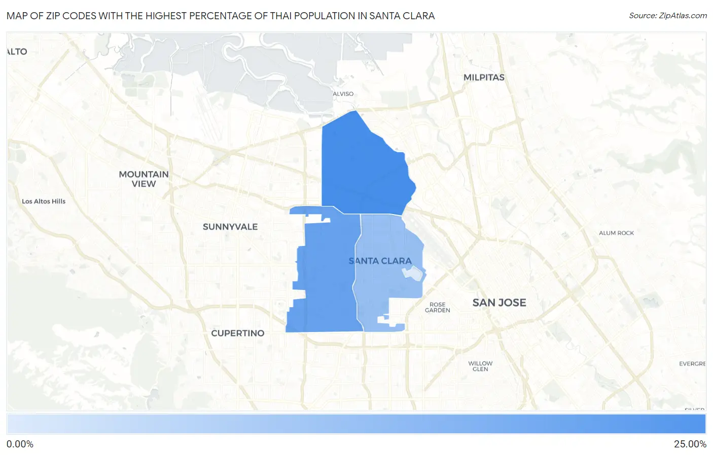 Zip Codes with the Highest Percentage of Thai Population in Santa Clara Map