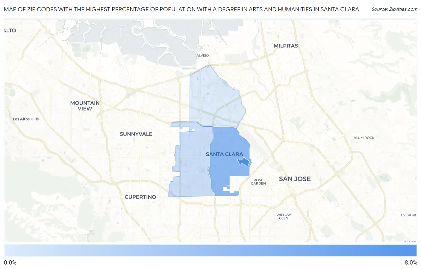 Zip Codes with the Highest Percentage of Population with a Degree in Arts and Humanities in Santa Clara Map