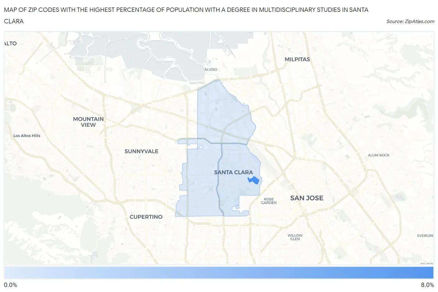 Zip Codes with the Highest Percentage of Population with a Degree in Multidisciplinary Studies in Santa Clara Map