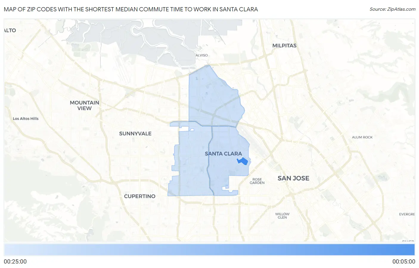 Zip Codes with the Shortest Median Commute Time to Work in Santa Clara Map