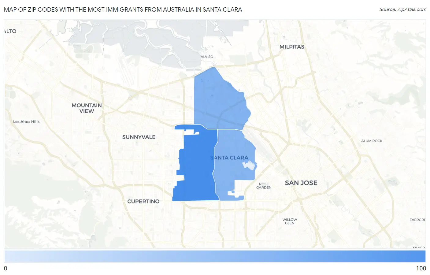 Zip Codes with the Most Immigrants from Australia in Santa Clara Map