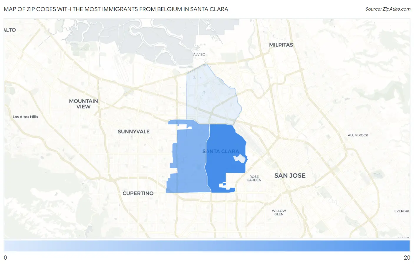 Zip Codes with the Most Immigrants from Belgium in Santa Clara Map