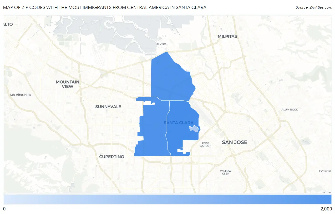 Zip Codes with the Most Immigrants from Central America in Santa Clara Map