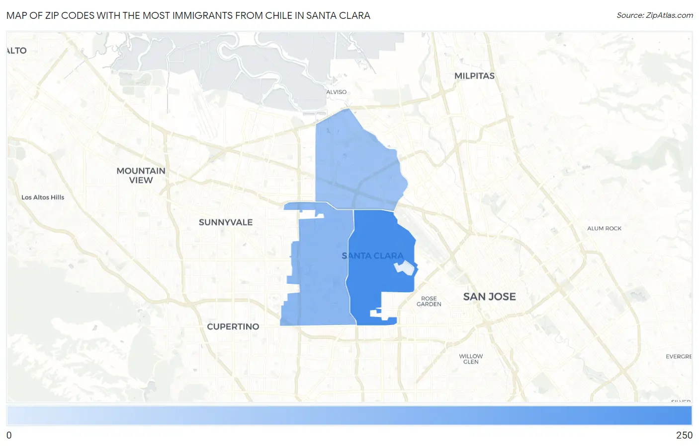 Zip Codes with the Most Immigrants from Chile in Santa Clara Map
