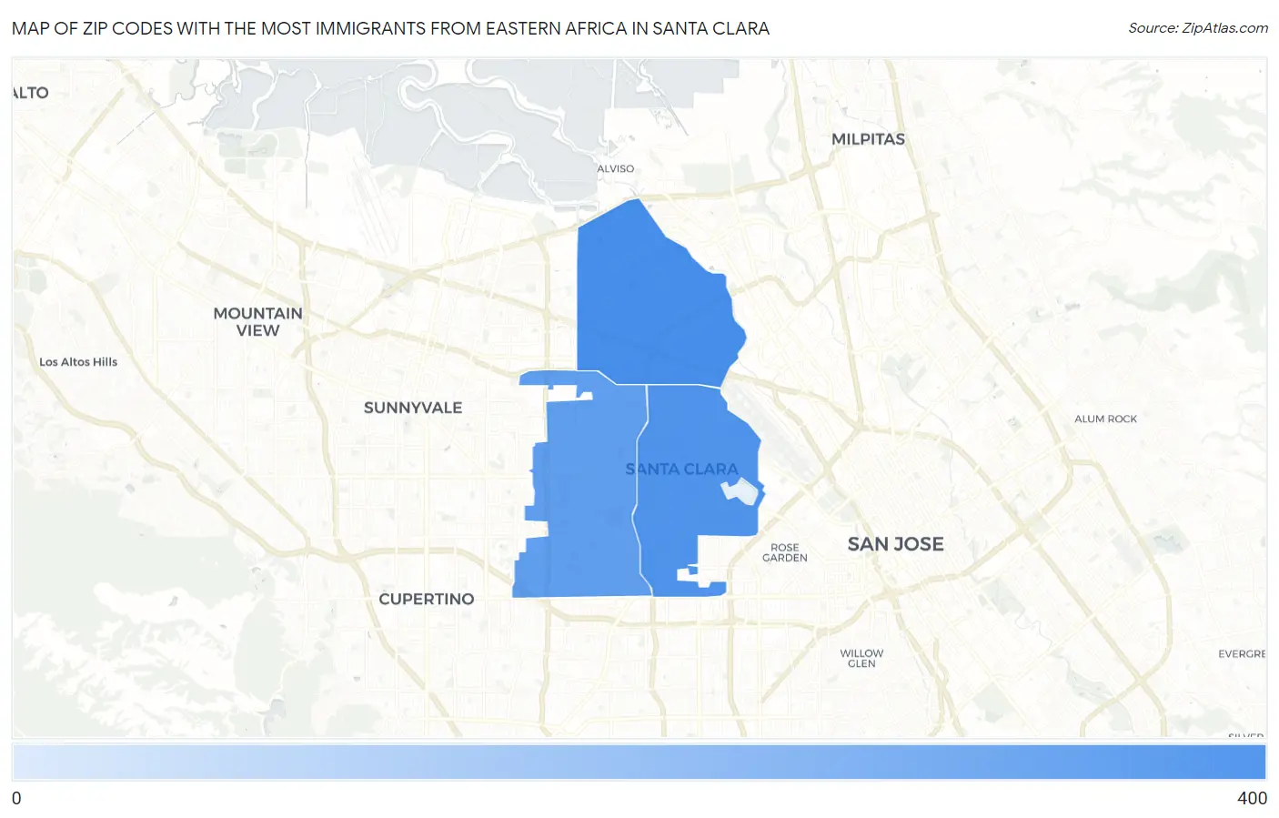 Zip Codes with the Most Immigrants from Eastern Africa in Santa Clara Map