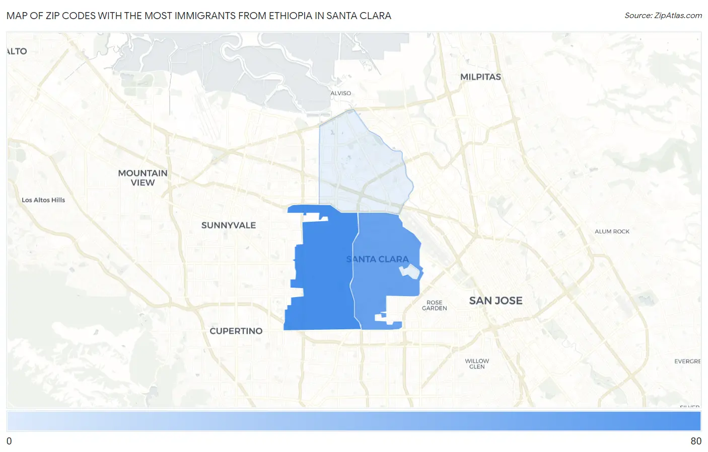 Zip Codes with the Most Immigrants from Ethiopia in Santa Clara Map