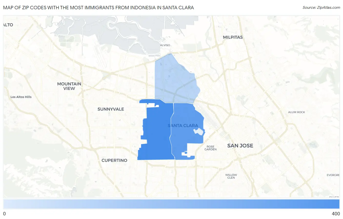 Zip Codes with the Most Immigrants from Indonesia in Santa Clara Map