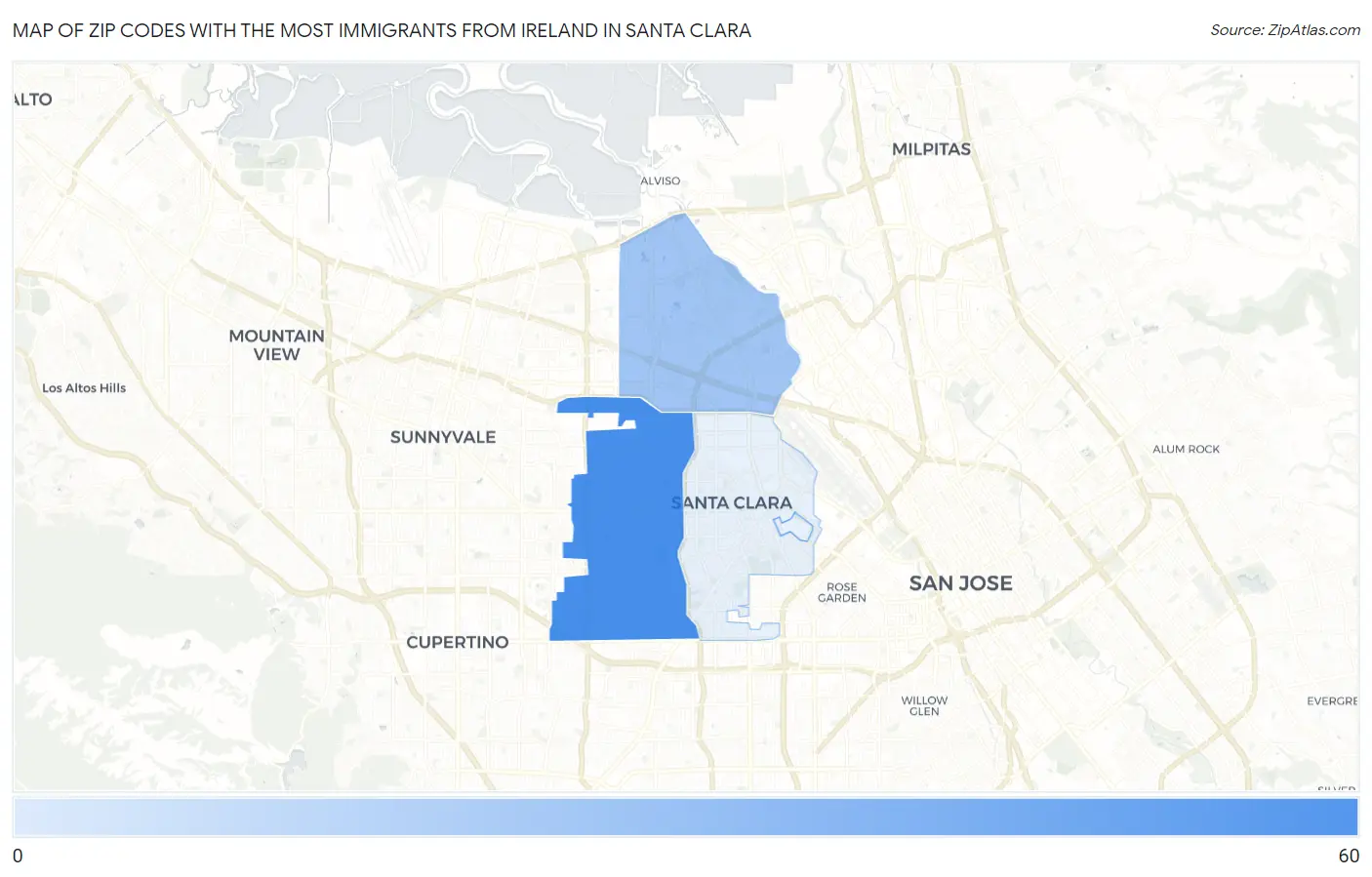 Zip Codes with the Most Immigrants from Ireland in Santa Clara Map