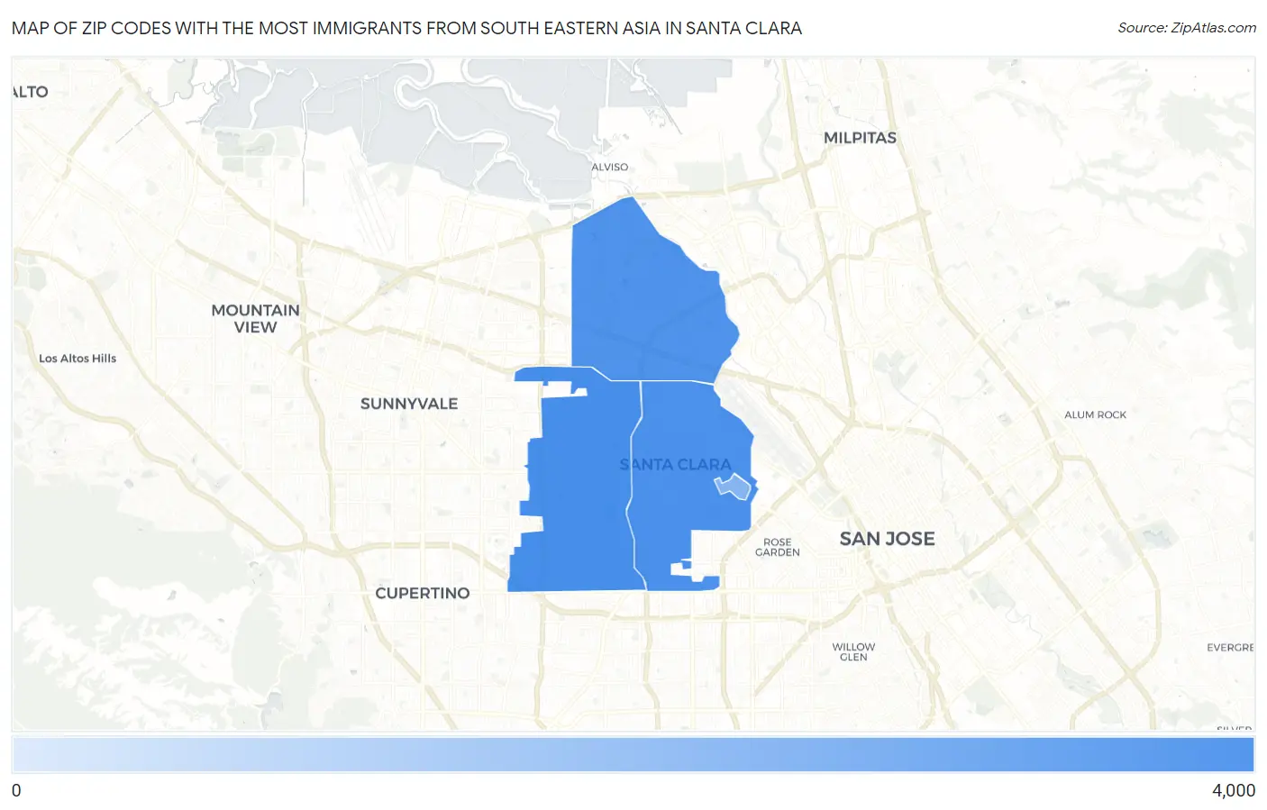 Zip Codes with the Most Immigrants from South Eastern Asia in Santa Clara Map
