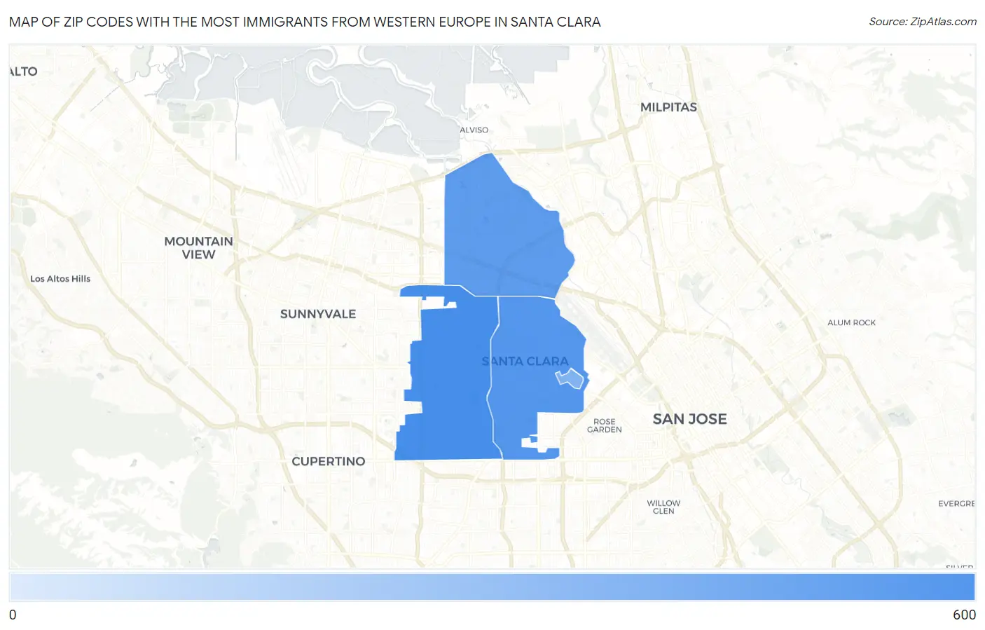 Zip Codes with the Most Immigrants from Western Europe in Santa Clara Map