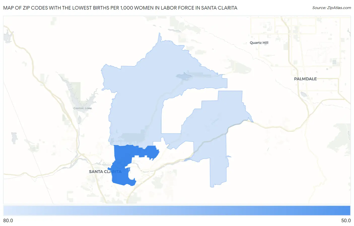 Zip Codes with the Lowest Births per 1,000 Women in Labor Force in Santa Clarita Map