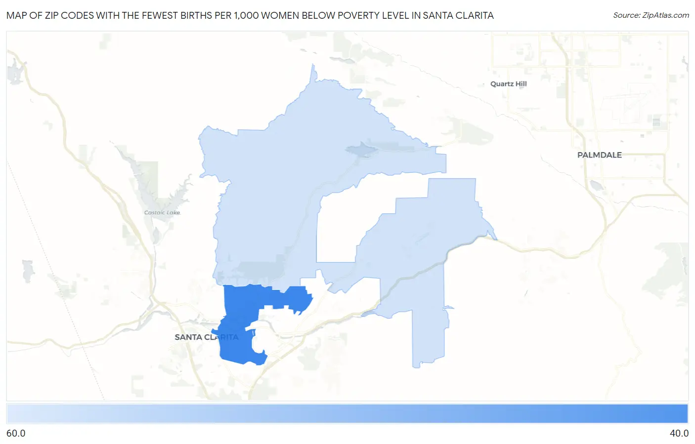 Zip Codes with the Fewest Births per 1,000 Women Below Poverty Level in Santa Clarita Map