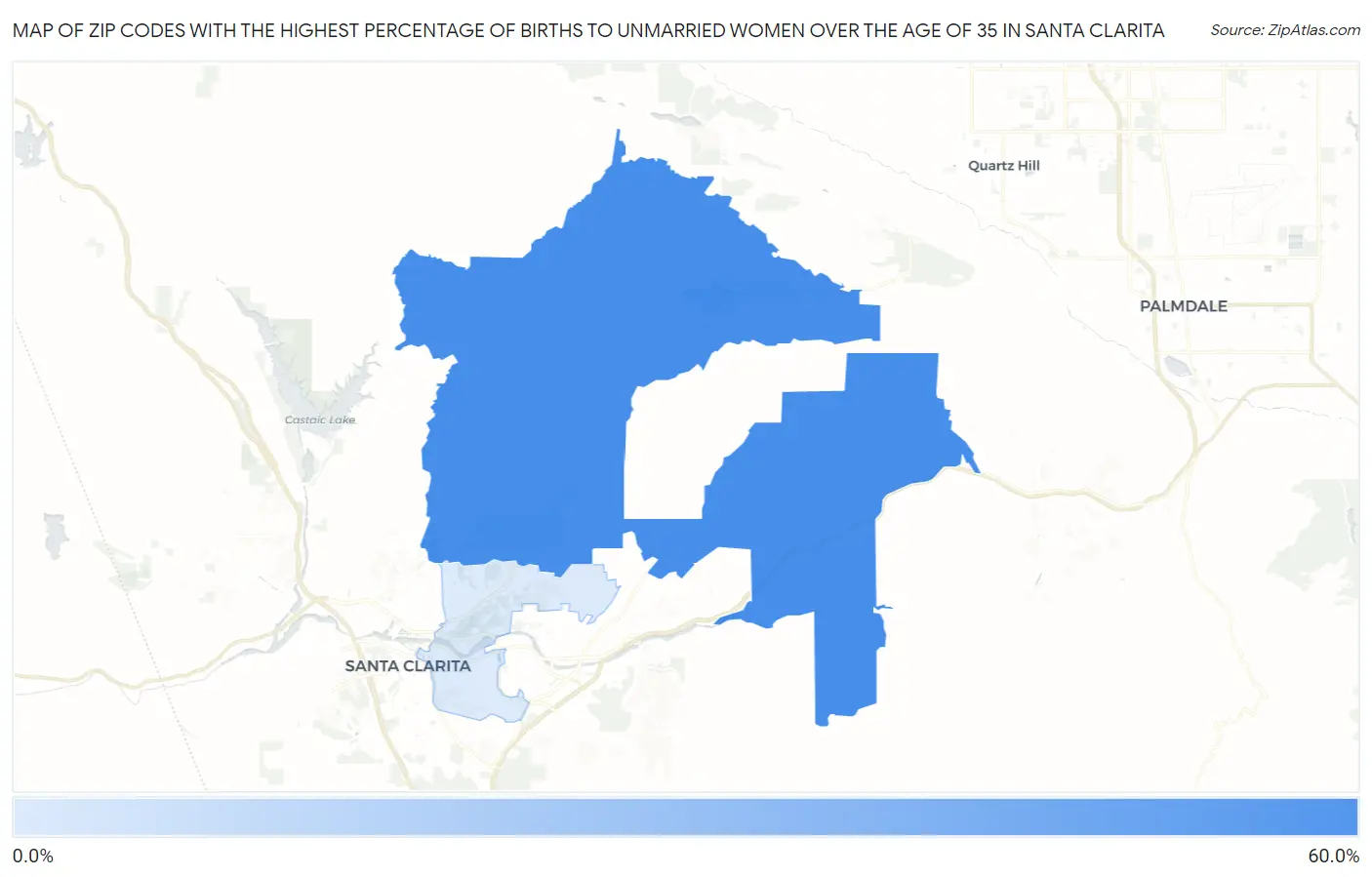 Zip Codes with the Highest Percentage of Births to Unmarried Women over the Age of 35 in Santa Clarita Map