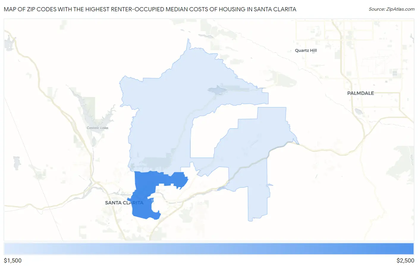 Zip Codes with the Highest Renter-Occupied Median Costs of Housing in Santa Clarita Map