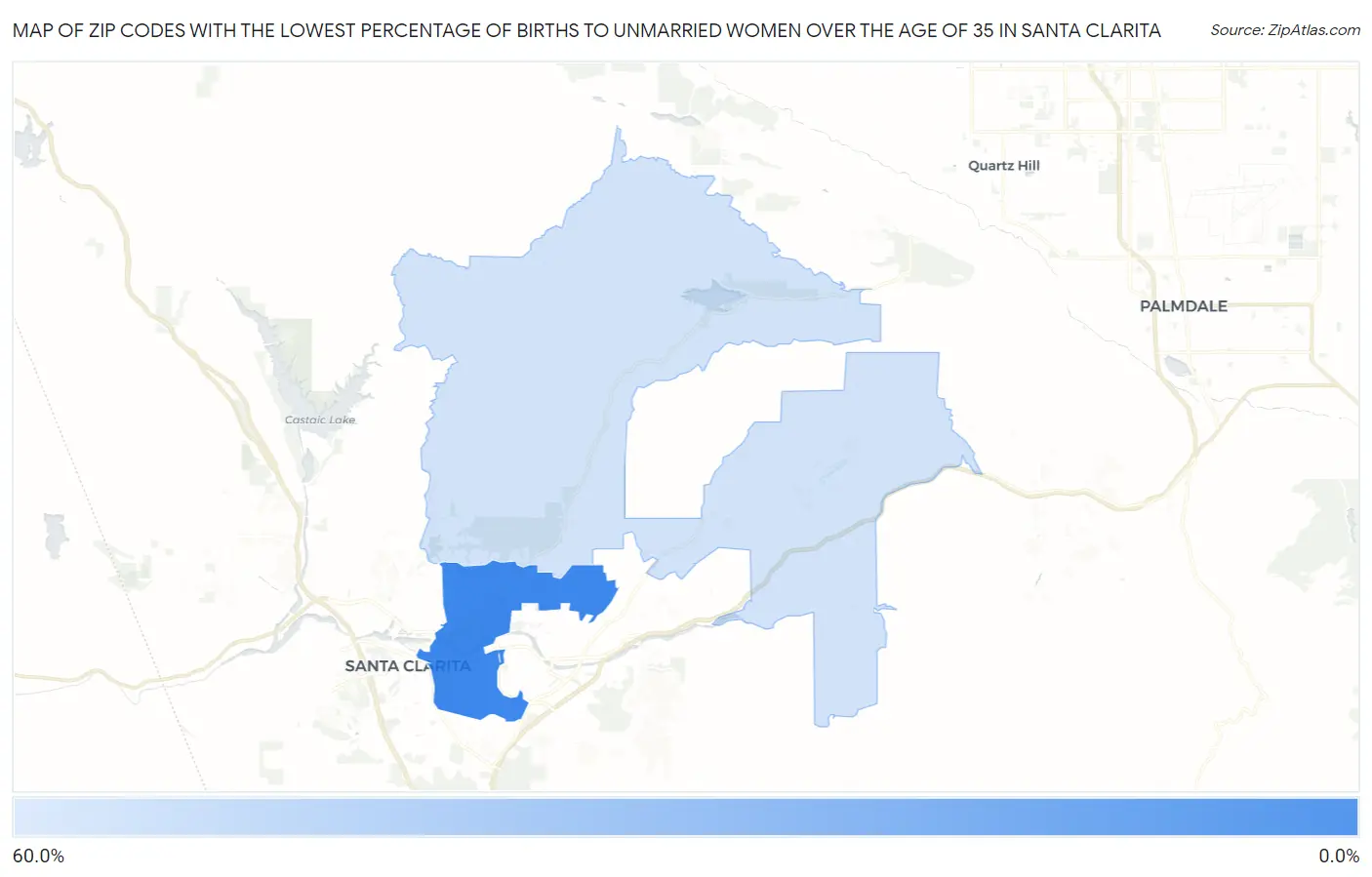 Zip Codes with the Lowest Percentage of Births to Unmarried Women over the Age of 35 in Santa Clarita Map