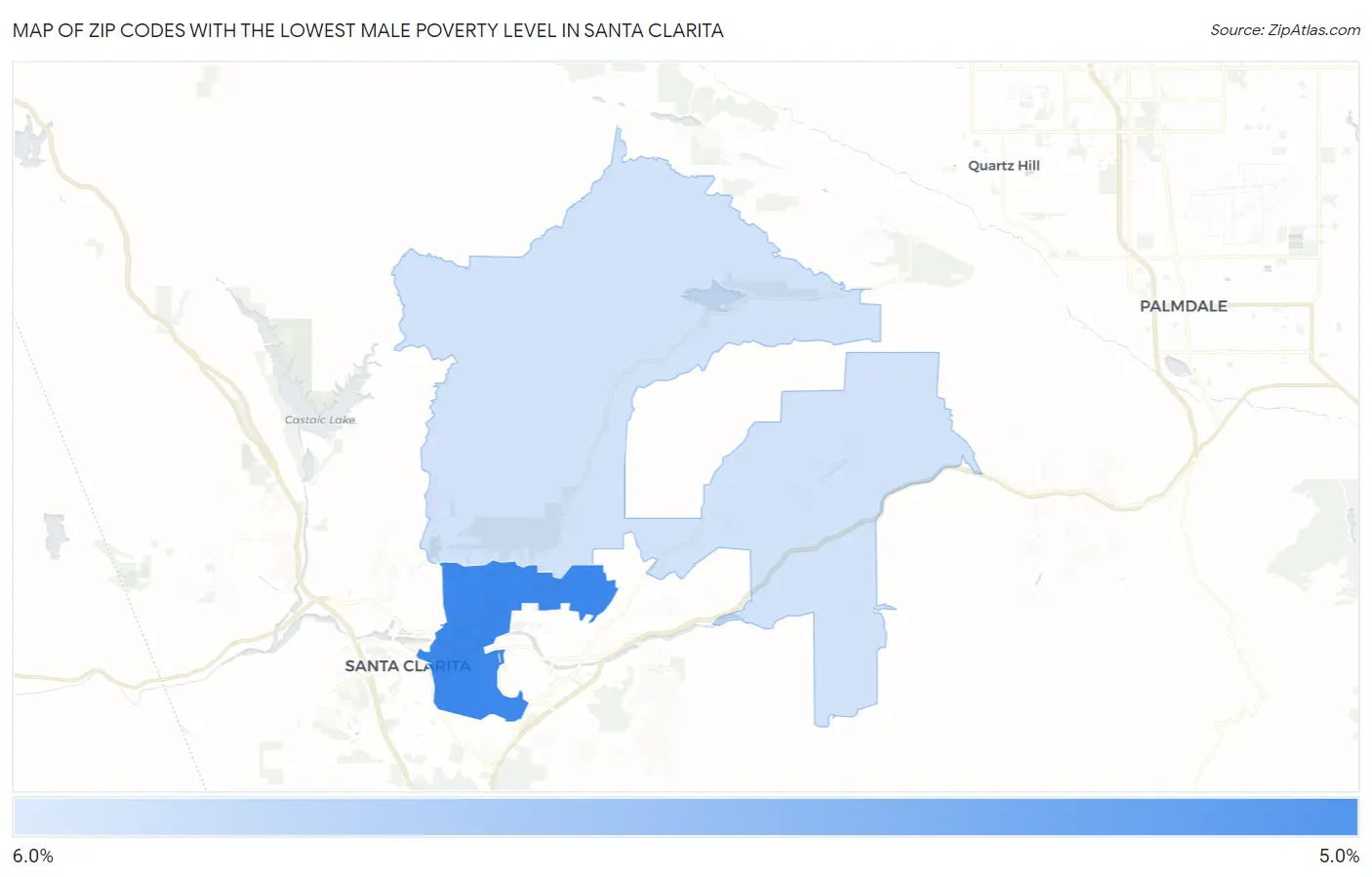 Zip Codes with the Lowest Male Poverty Level in Santa Clarita Map