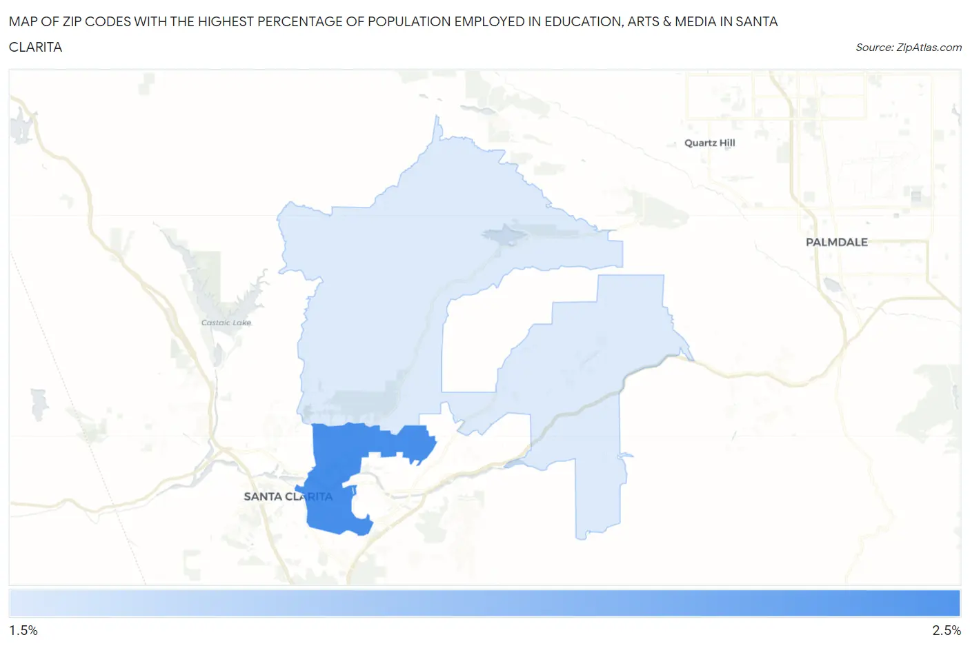 Zip Codes with the Highest Percentage of Population Employed in Education, Arts & Media in Santa Clarita Map
