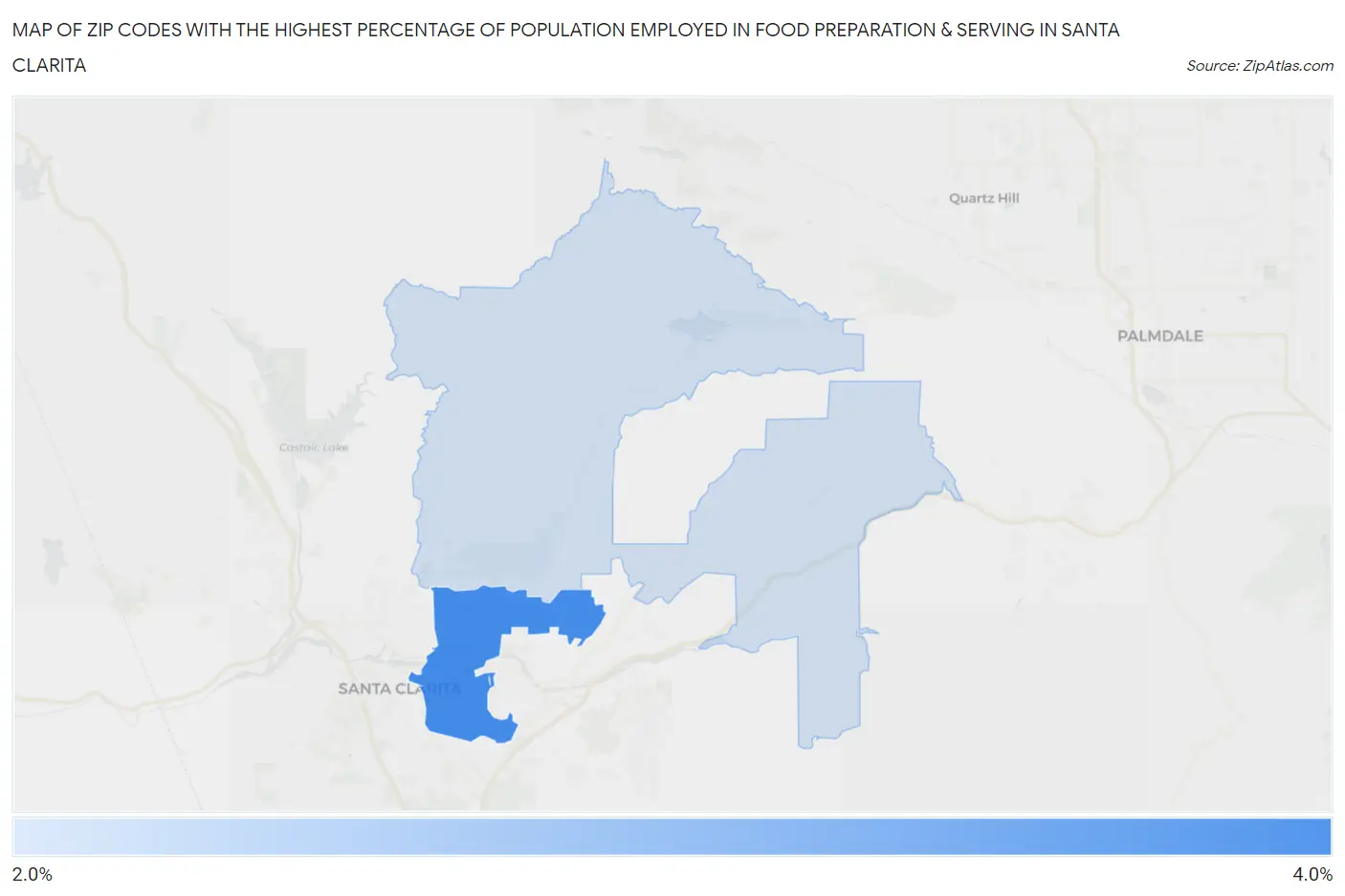 Zip Codes with the Highest Percentage of Population Employed in Food Preparation & Serving in Santa Clarita Map