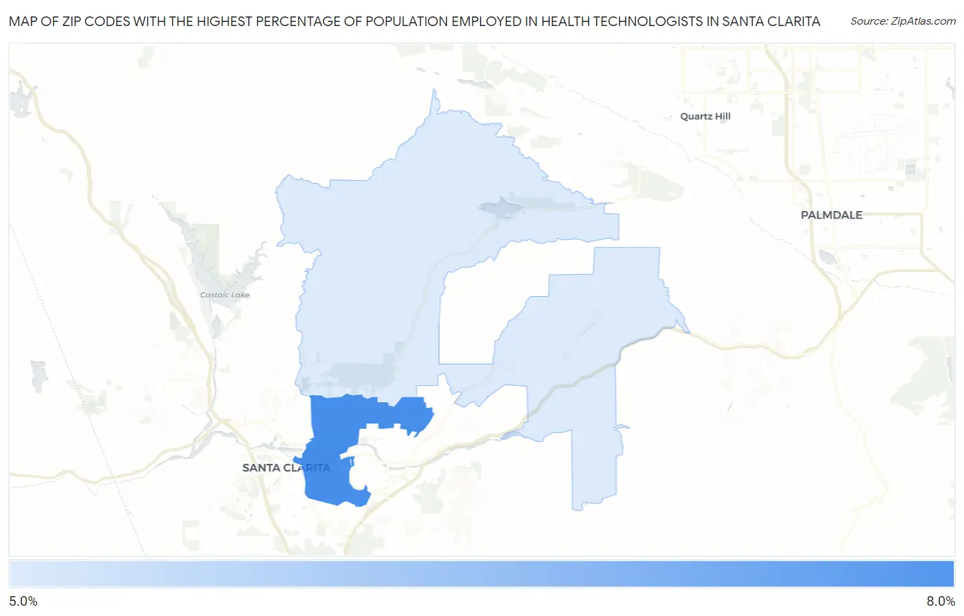 Zip Codes with the Highest Percentage of Population Employed in Health Technologists in Santa Clarita Map