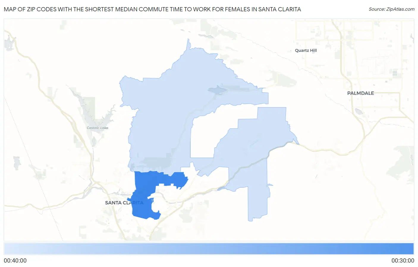 Zip Codes with the Shortest Median Commute Time to Work for Females in Santa Clarita Map