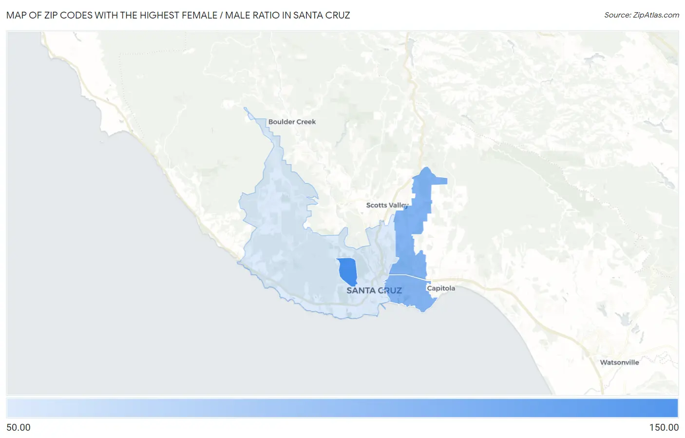 Zip Codes with the Highest Female / Male Ratio in Santa Cruz Map