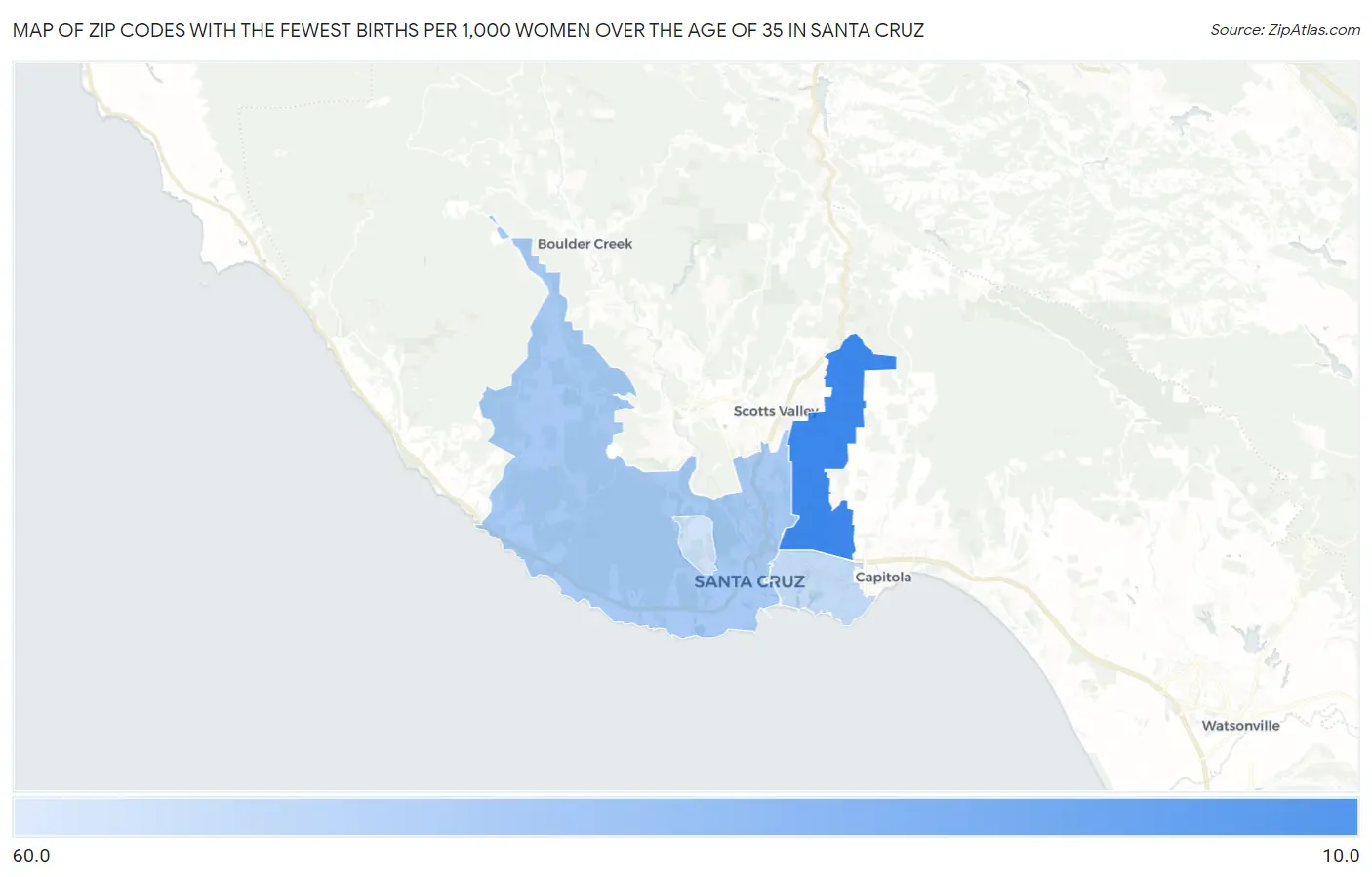 Zip Codes with the Fewest Births per 1,000 Women Over the Age of 35 in Santa Cruz Map