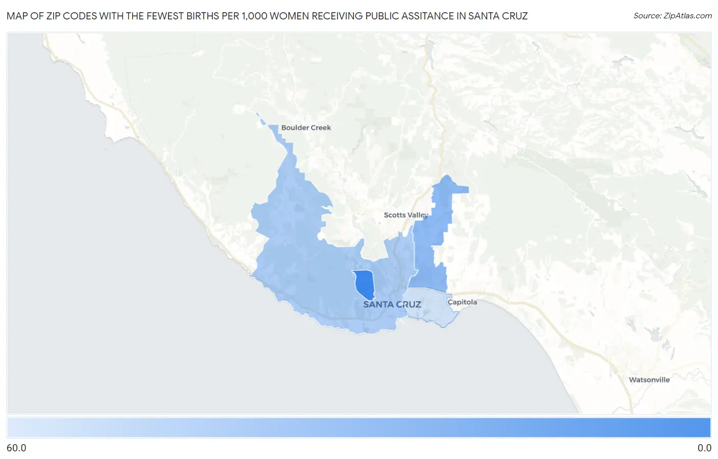 Zip Codes with the Fewest Births per 1,000 Women Receiving Public Assitance in Santa Cruz Map