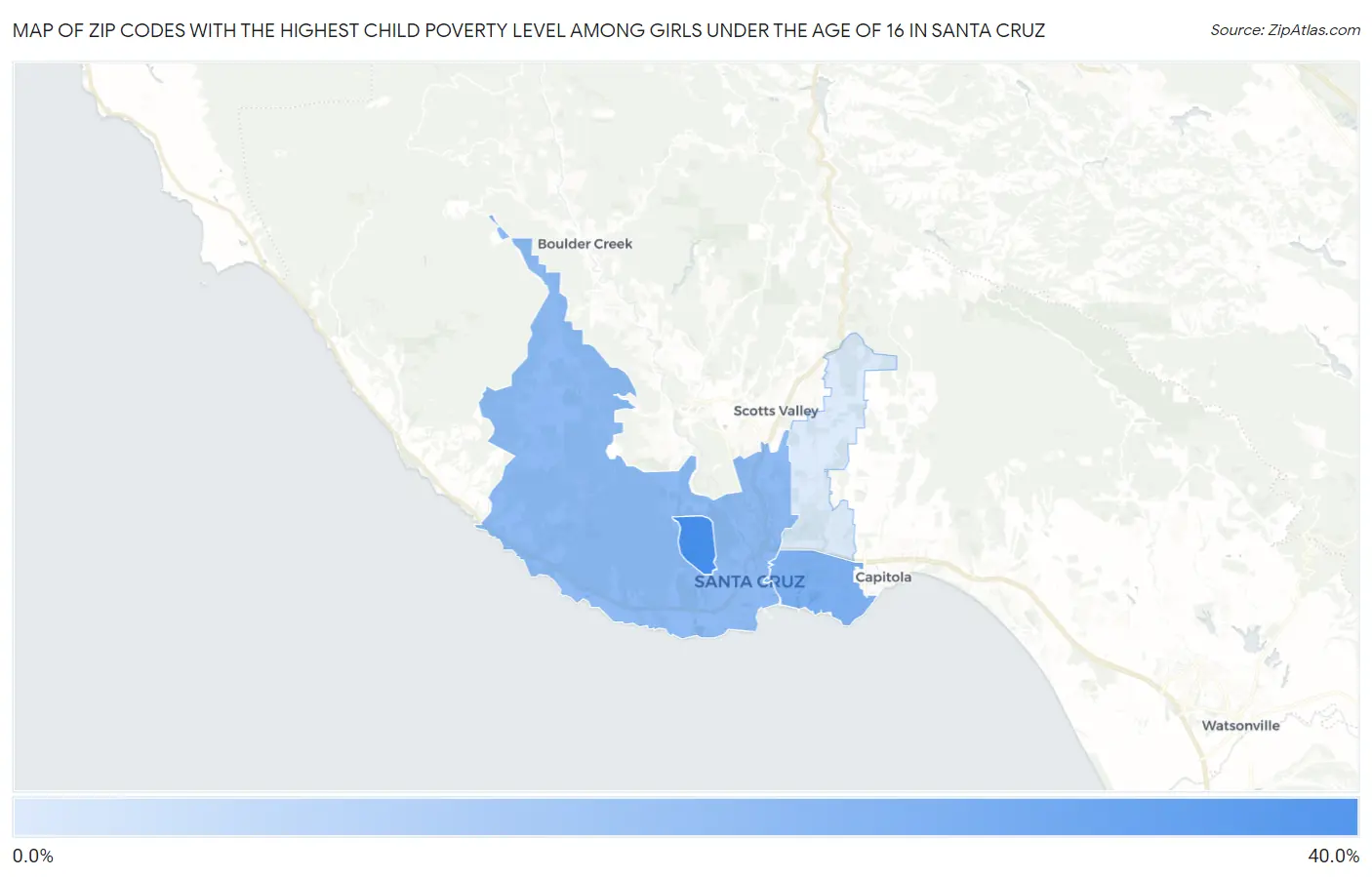 Zip Codes with the Highest Child Poverty Level Among Girls Under the Age of 16 in Santa Cruz Map