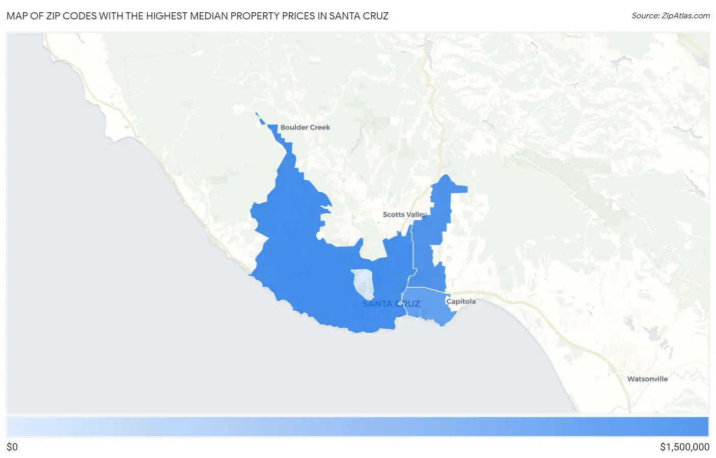 Zip Codes with the Highest Median Property Prices in Santa Cruz Map