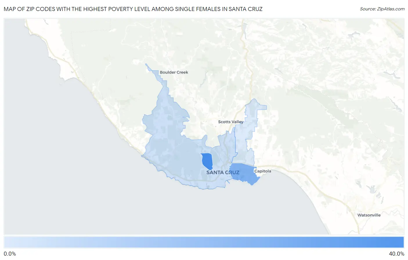 Zip Codes with the Highest Poverty Level Among Single Females in Santa Cruz Map