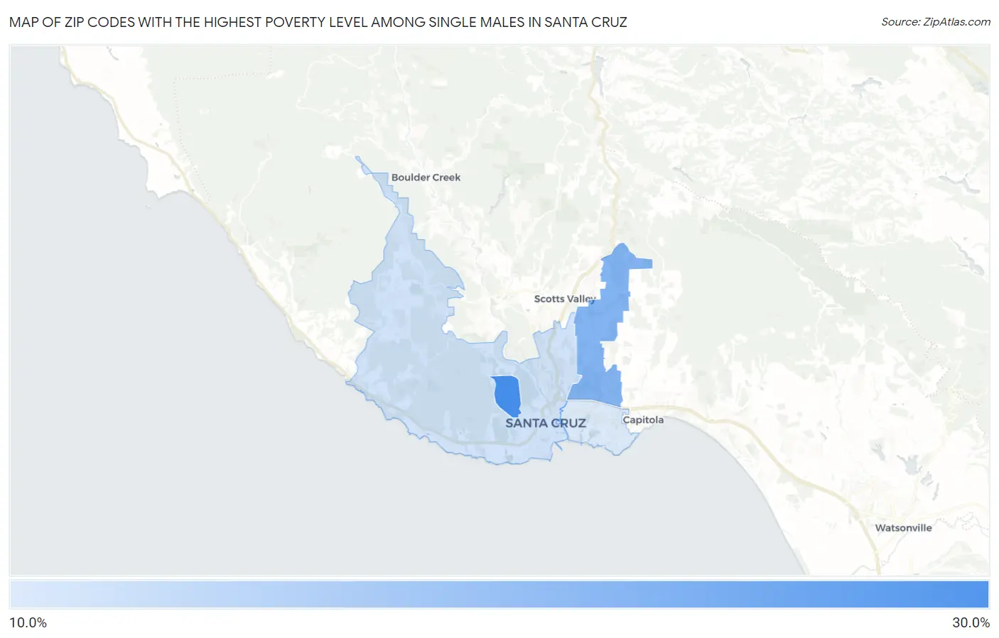 Zip Codes with the Highest Poverty Level Among Single Males in Santa Cruz Map