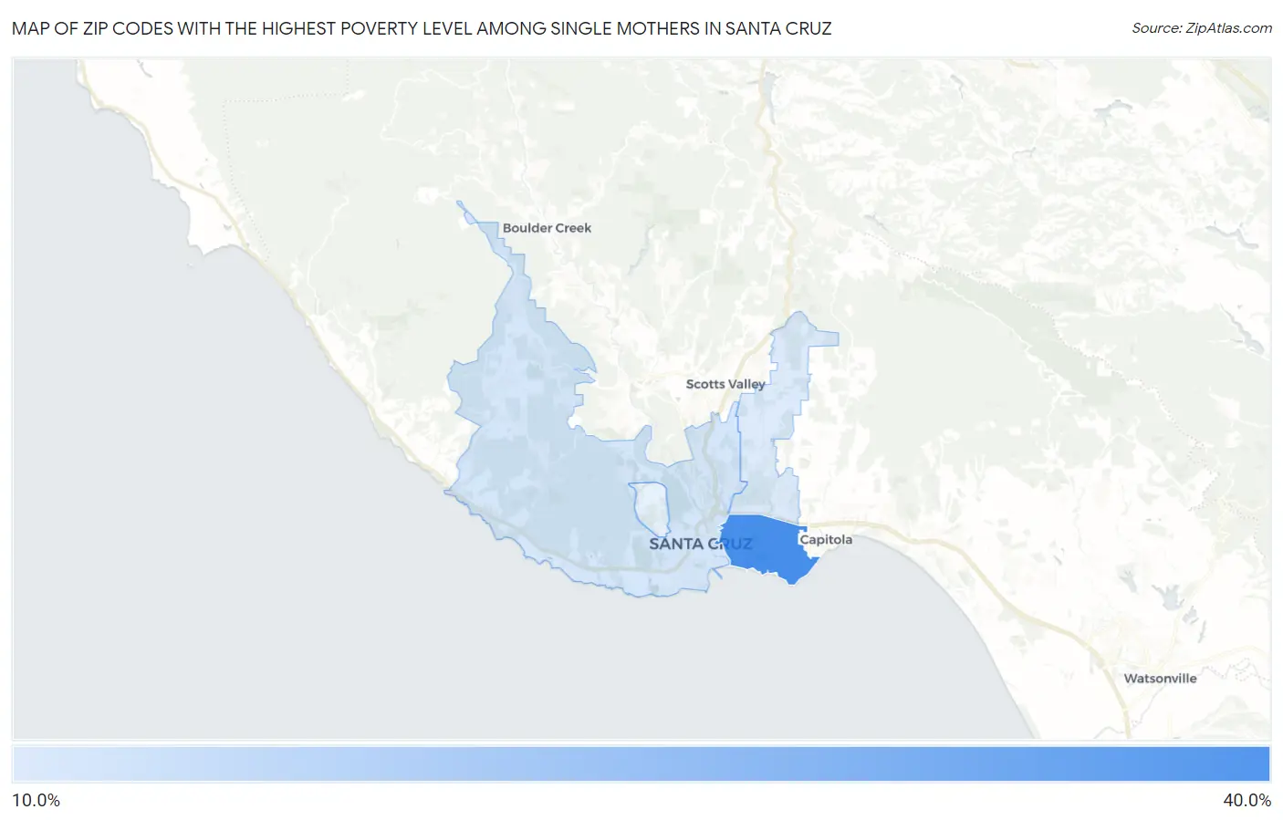Zip Codes with the Highest Poverty Level Among Single Mothers in Santa Cruz Map