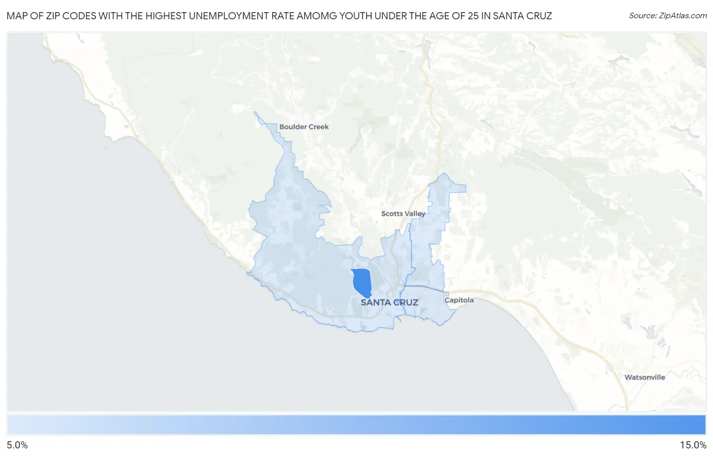 Zip Codes with the Highest Unemployment Rate Amomg Youth Under the Age of 25 in Santa Cruz Map