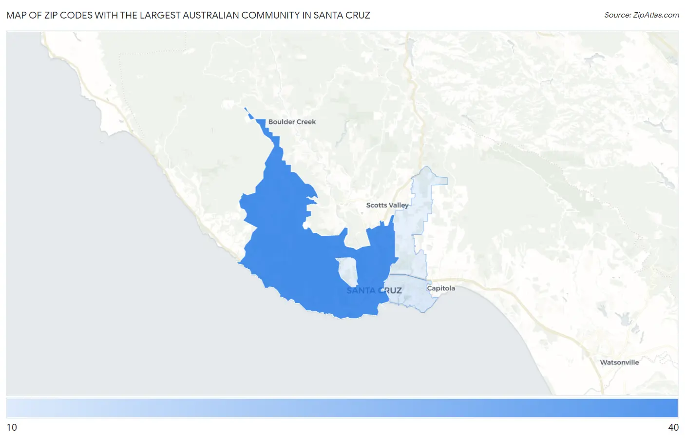 Zip Codes with the Largest Australian Community in Santa Cruz Map