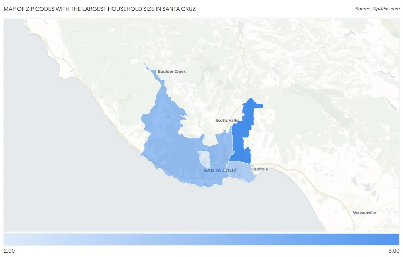 Zip Codes with the Largest Household Size in Santa Cruz Map