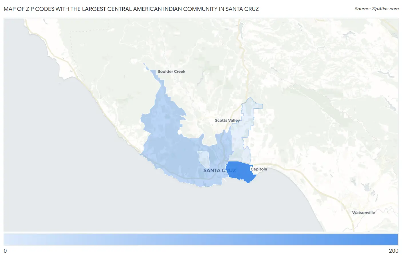 Zip Codes with the Largest Central American Indian Community in Santa Cruz Map