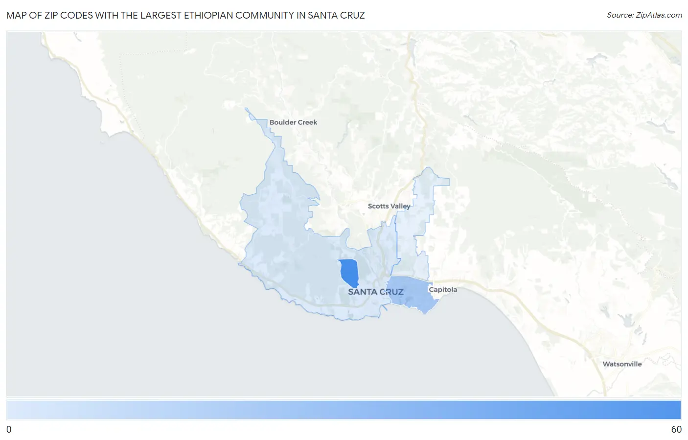 Zip Codes with the Largest Ethiopian Community in Santa Cruz Map